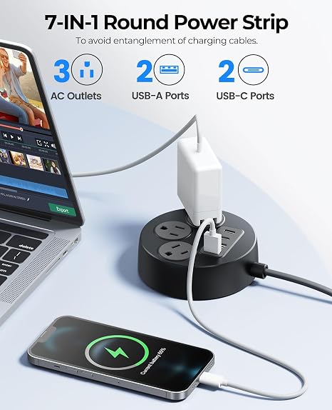 7 in 1 Flat Plug Power Strip with USB C and USB A Ports 5 Foot Cord