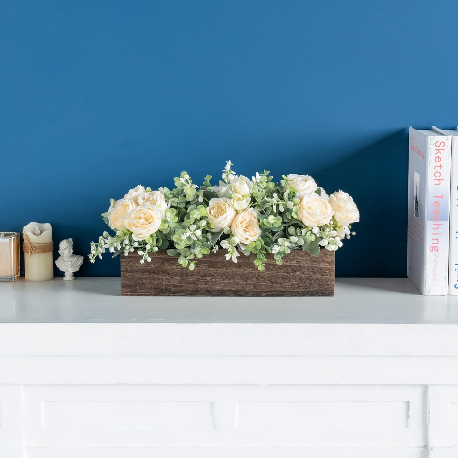Centerpiece Table Decorations For Dining Room Farmhouse Table Centerpieces Decor Wood Tray With 3 Artificial Flowers And 2 Eucalyptus For Living Room Kitchen Table, 14.1" X 4.7" X 3.1"