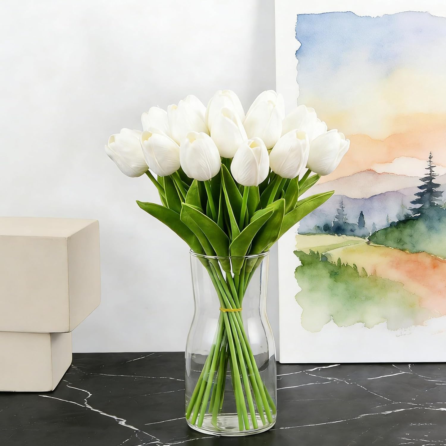 Artificial Tulips Bridal Wedding Festival Decor Bouquet Real Touch Pu Flower Bouquet Pack Of 20 (White)