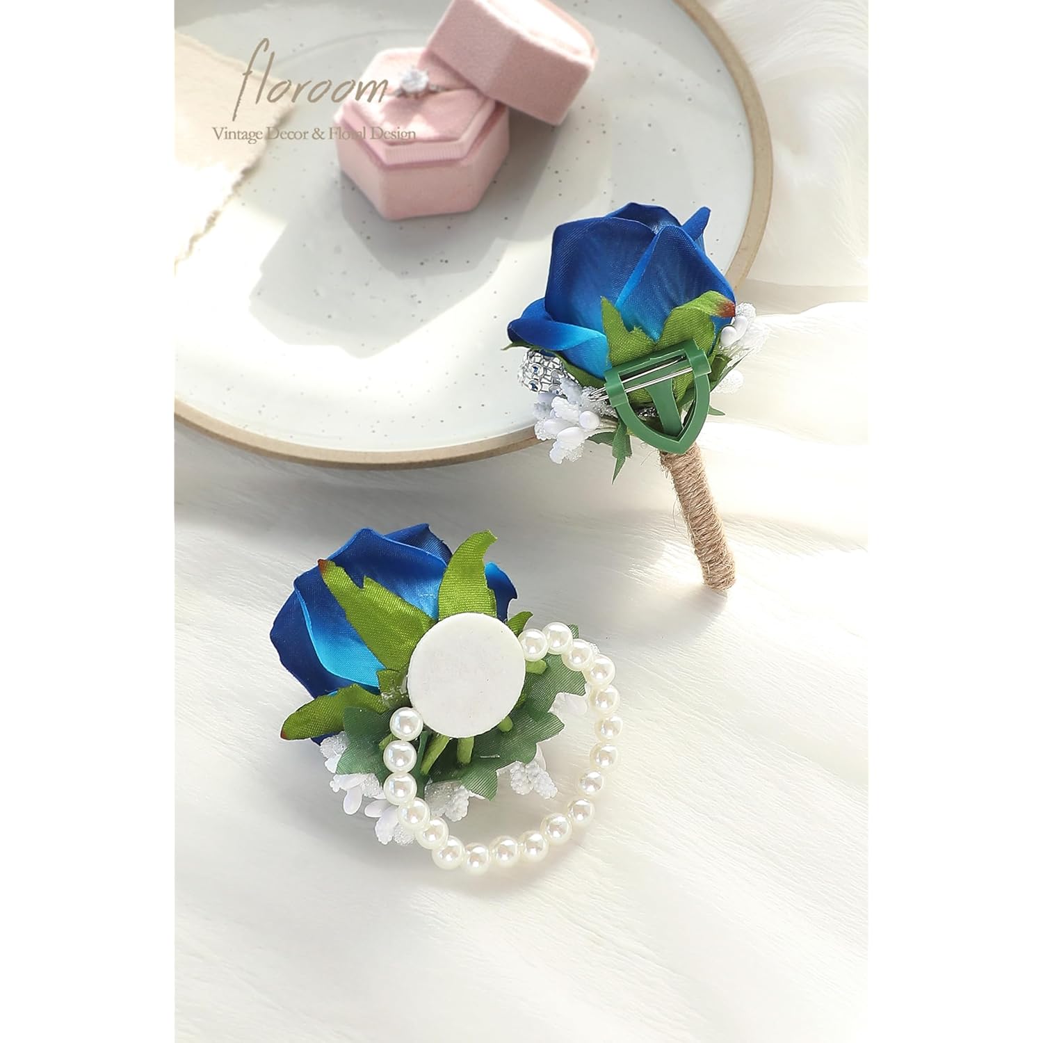 Royal Blue Rose Wrist Corsage Wristlet Band Bracelet And Men Boutonniere Set For Wedding Flower Accessories Prom Suit Decorations