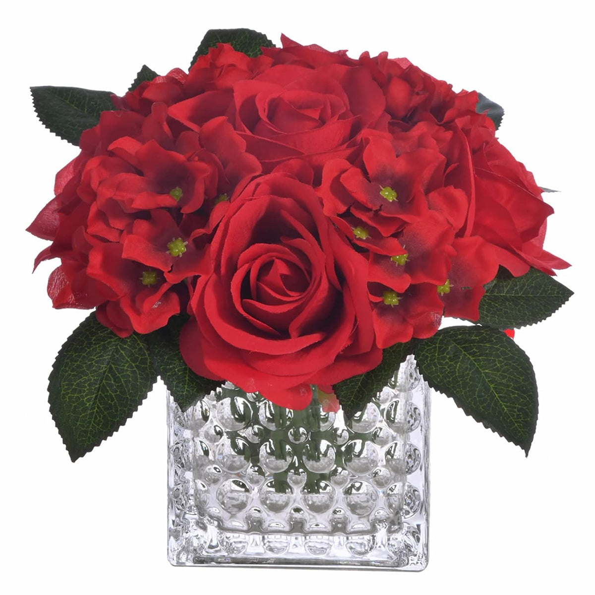 Fule Artificial Silk Rose Flower Centerpiece Arrangement In Glass Vase With Led Light For Home Wedding Decoration (Red)