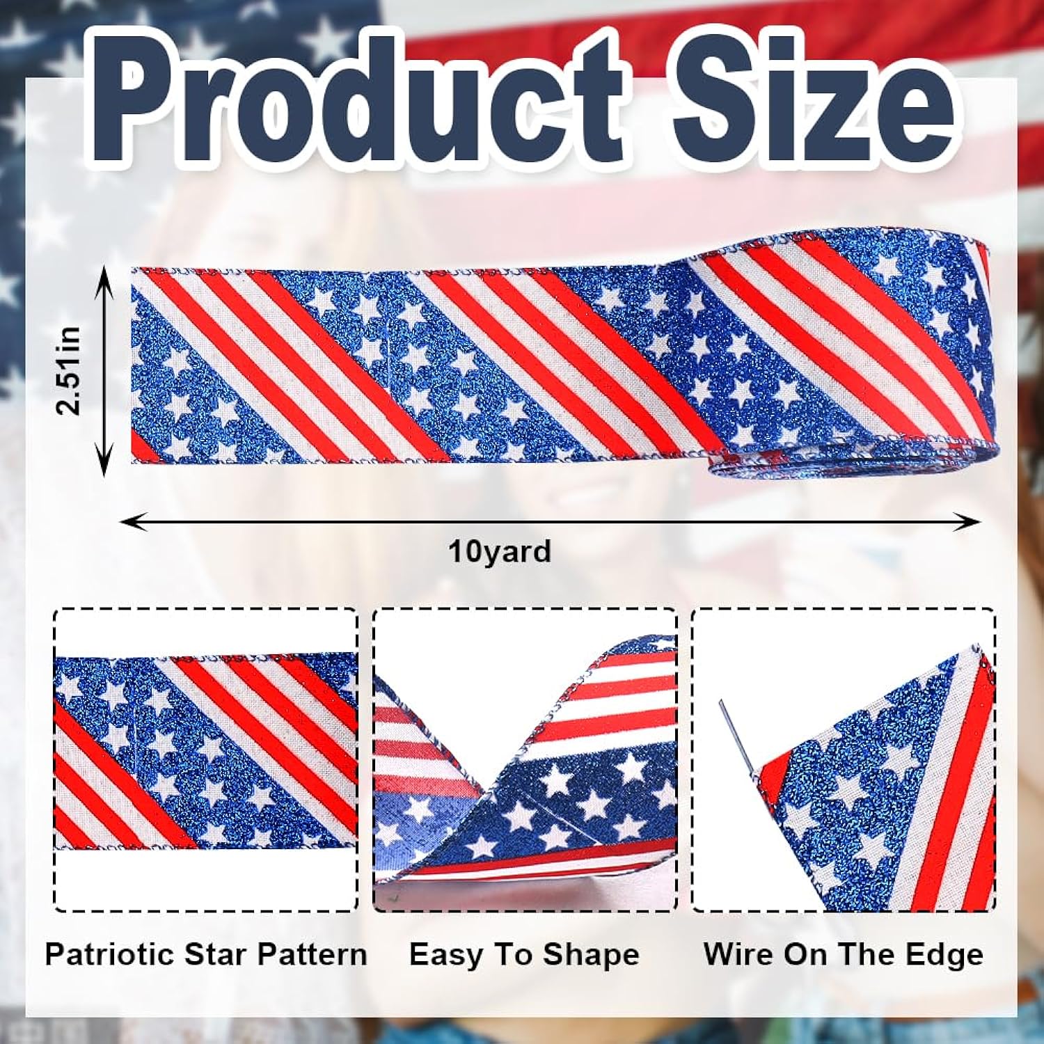 Patriotic Wired Edge Ribbons 2.5" 10 Yards, Red Blue Glitter Wired Ribbon Veterans Day Patriotic Star Stripe Fabric Craft Ribbon For Holiday Party Diy Craft Christmas Decor Wreaths Bow