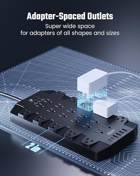Surge Protector Power Strip 22 Outlets 6 USB Ports 2 USB C 2100J 6.5FT Extension Cord Black
