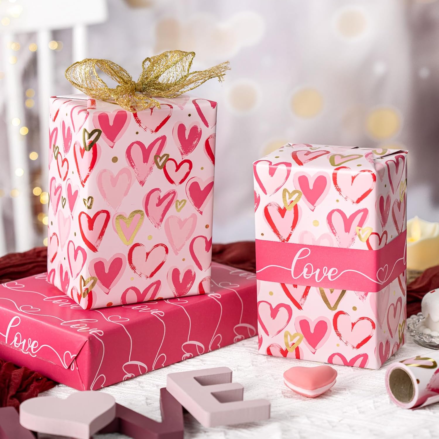 Valentines Day Wrapping Paper, Pink Heart Gift Wrap Paper Roll For Girl Anniversaries Romantic Celebration, 17In X 33Ft