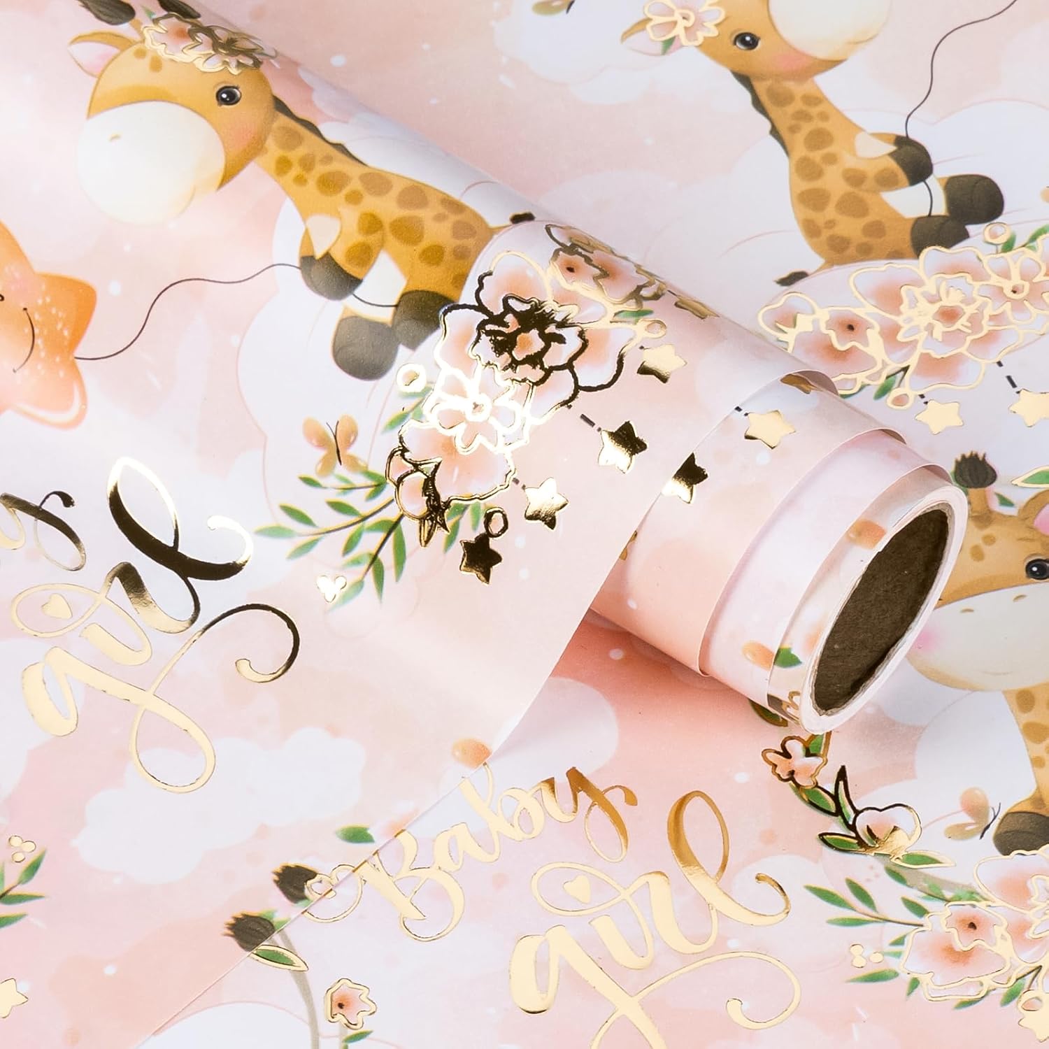 Baby Girl Wrapping Paper Roll - Mini Roll - 17 Inch X 16.5 Feet - Gold Foil Cute Giraffe Design For Kids Girls Baby Shower, Birthday