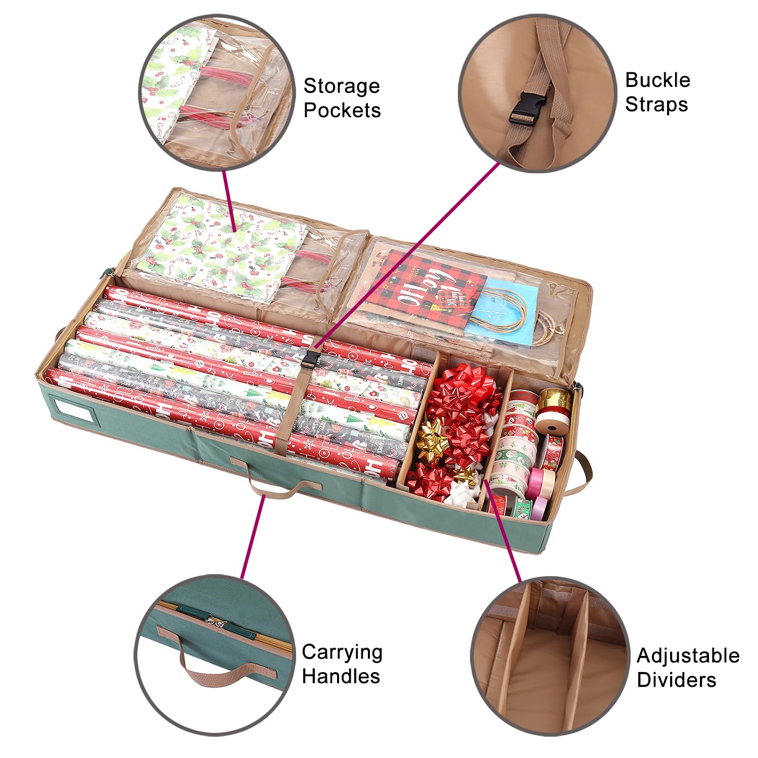 Gift Wrapping Paper Storage Containers,600D Oxford Fabric Christmas Ribbon Gift Bag Bows Storage Box,Holds Up To 20 Rolls,42"W X 14"D X 5.5"H (Red)
