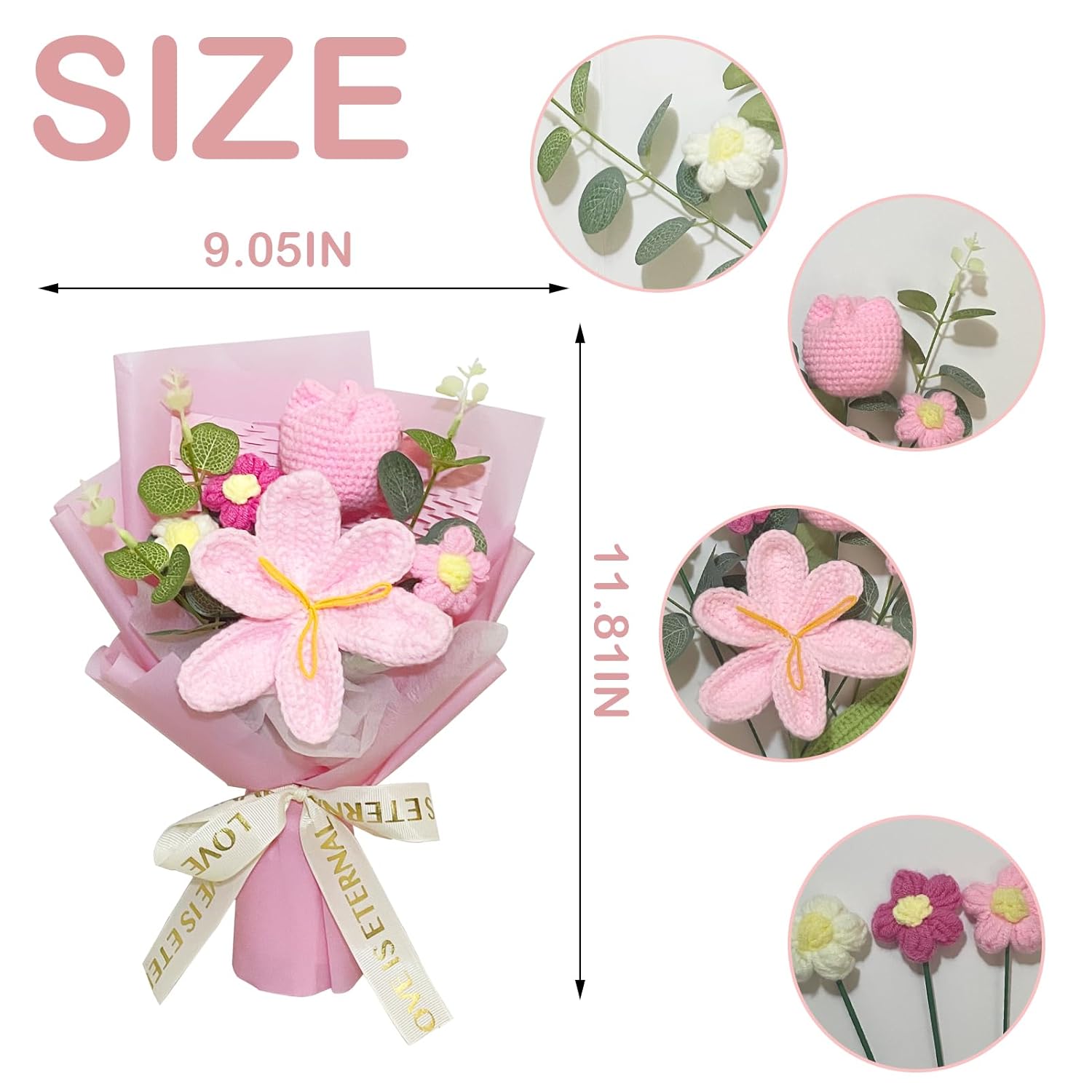 Crochet Flower Bouquet - Handmade Crochet Tulip Flowers For Graduation, Birthday, Home Decor (Pink)