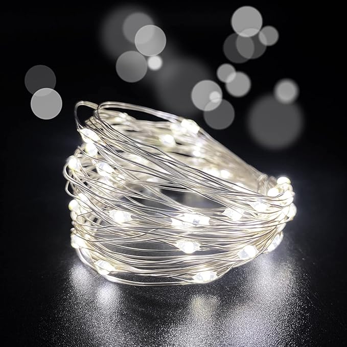 2 Pack Battery Operated Mini LED Fairy Lights 10FT 30 LED Cold White String Lights with Timer Silver Wire for Wedding Centerpiece Party Decor