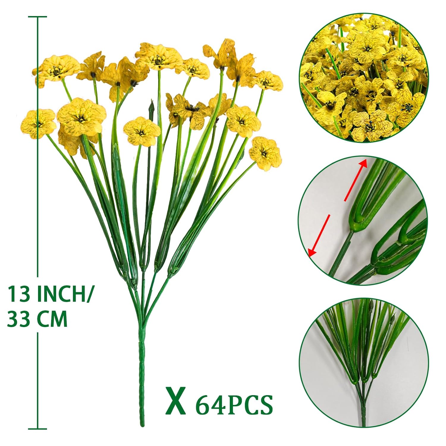 48 Bundles Outdoor Artificial Flowers Uv Resistant Fake Silk Flowers Faux Plastic Plants Outside Garden Porch Window Box Summer Decoration (Yellow)