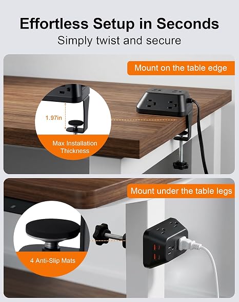 Desk Clamp Power Strip 6 Outlets 4 USB 10FT Cord 1440J Surge Protector