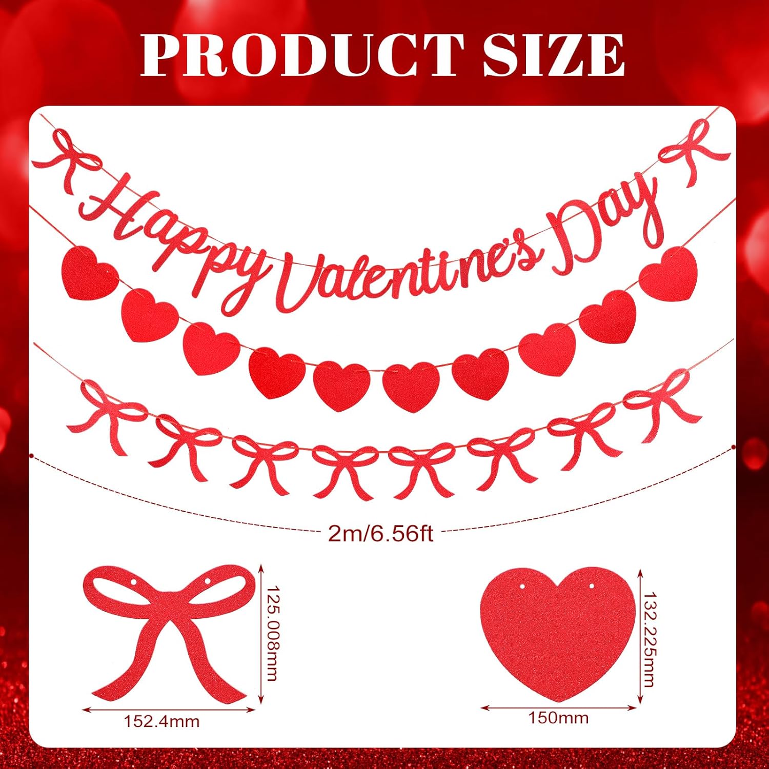 3 Pcs Happy Valentine'S Banner With Bow No Diy Red Pink Heart Garland Reusable Paper Valentine'S Decorations Women Party Wedding Decor (Classic,Red)