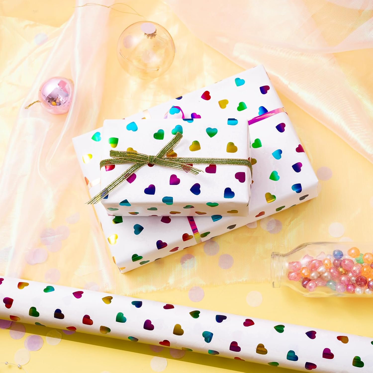 Valentines Wrapping Paper Roll, Hearts Printed Colorful Holographic Foil Design For Birthday, Anniversary, Baby Shower, Wedding Gift Wrapping, Mini Roll, 17In X 16.4Ft