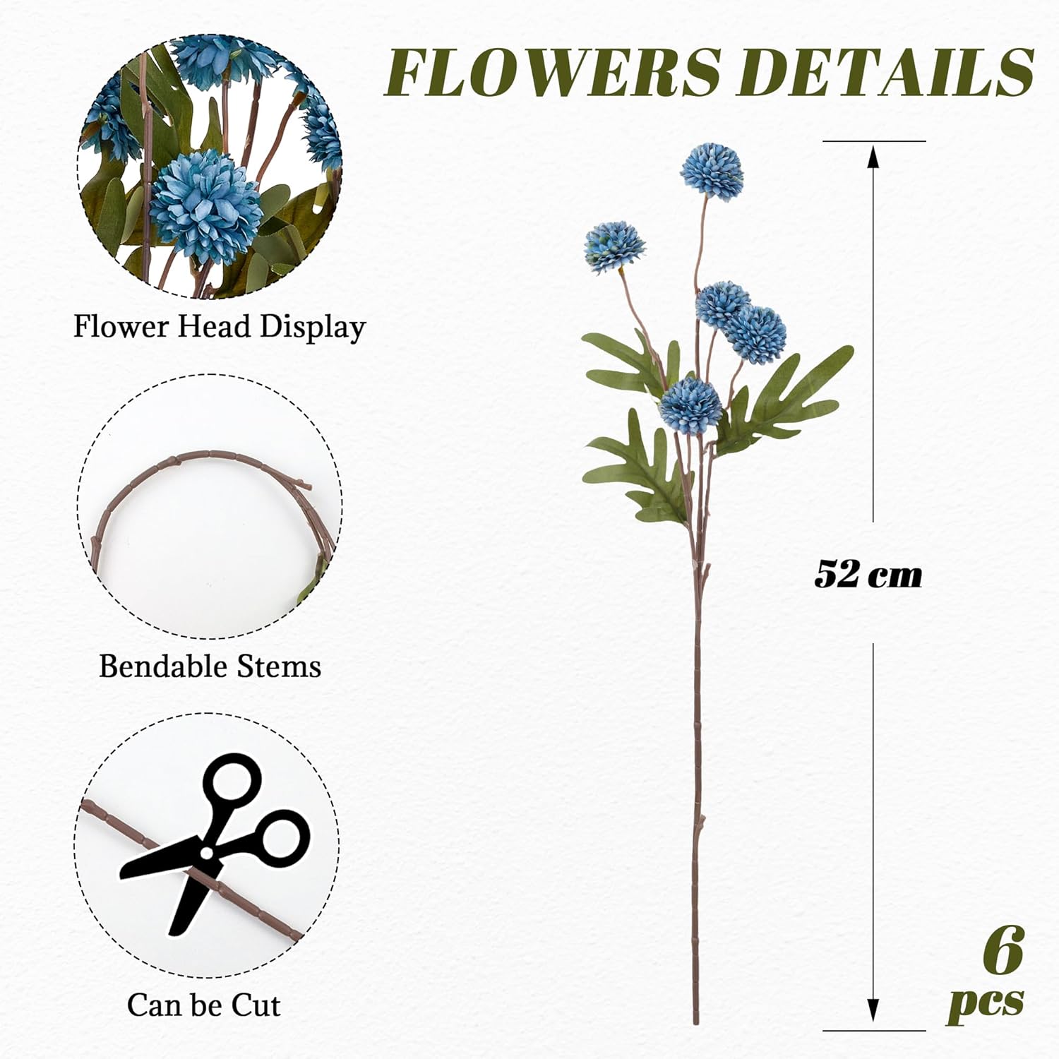 Dusty Blue Flowers, Faux Silk Mini Chrysanthemum Stems, 6Pcs Fake Mums Artificial Flowers For Diy Wedding Centerpieces Arrangements And Floral Crafts
