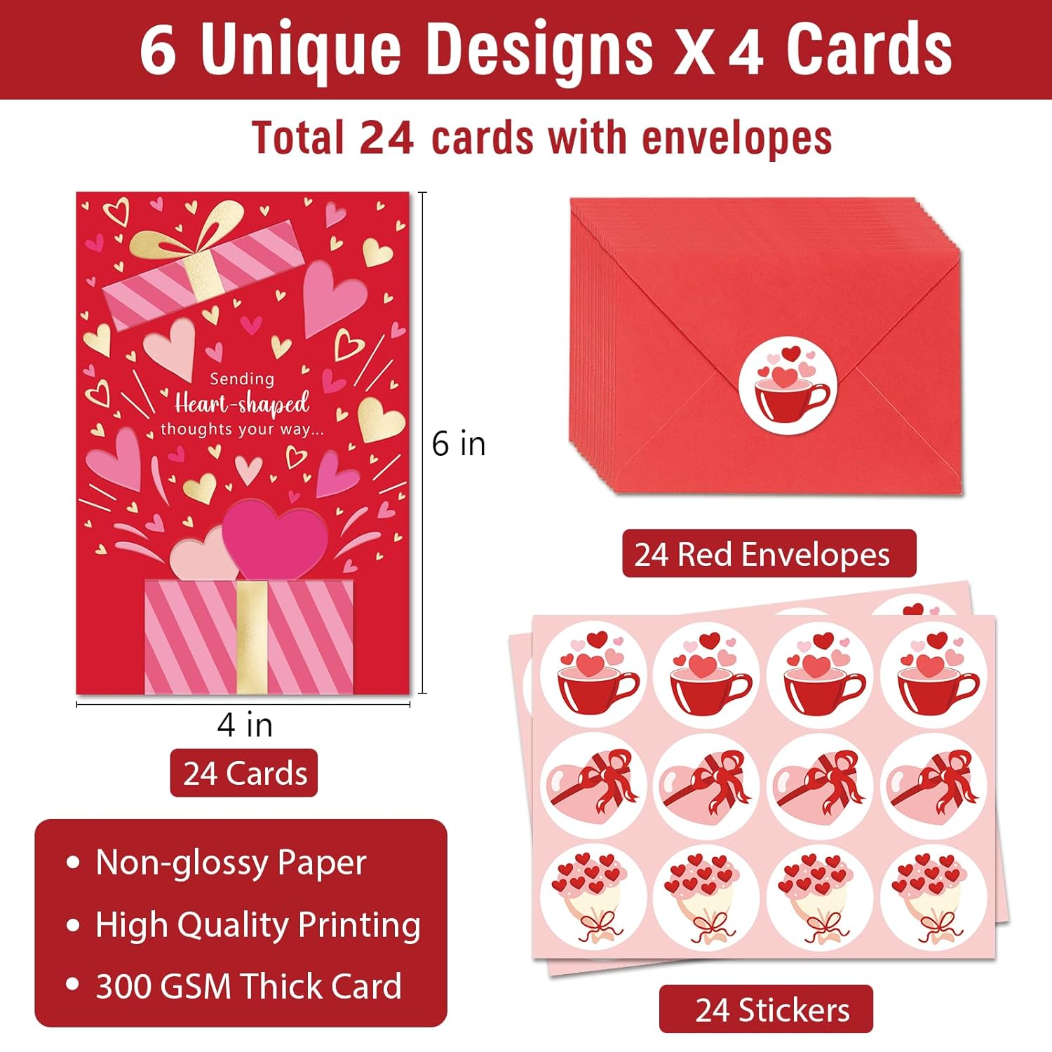 Valentines Day Cards Assortment, 24 Valentine’S Day Cards With Envelopes And Stickers, 8 Elegant Designs With Message Printed Inside