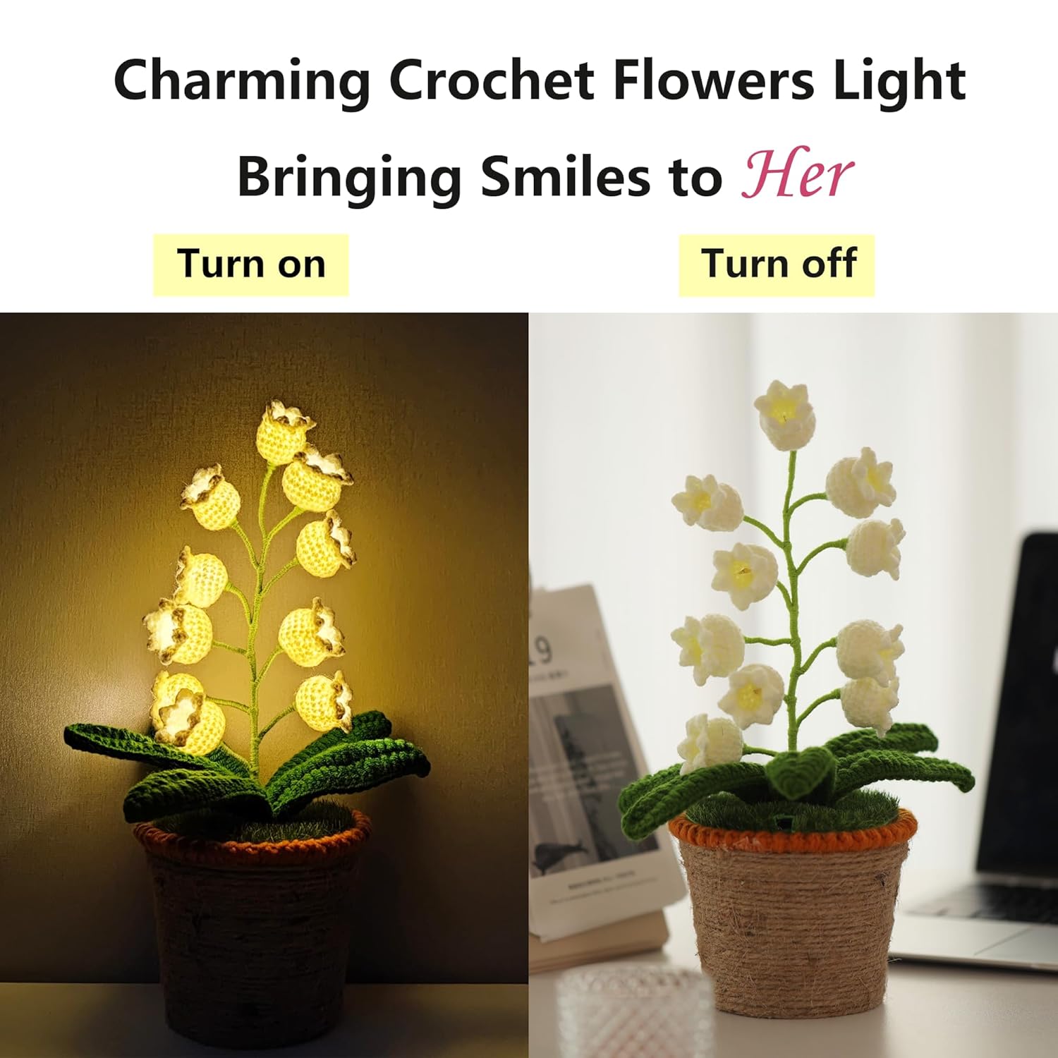 Lily Of The Valley Lamp, Crochet Artificial Flowers With Night Lights, Cordless Table Lamp - Women Gift Ideas For Christmas Valentine Mother'S Day, Desk Home Decorations