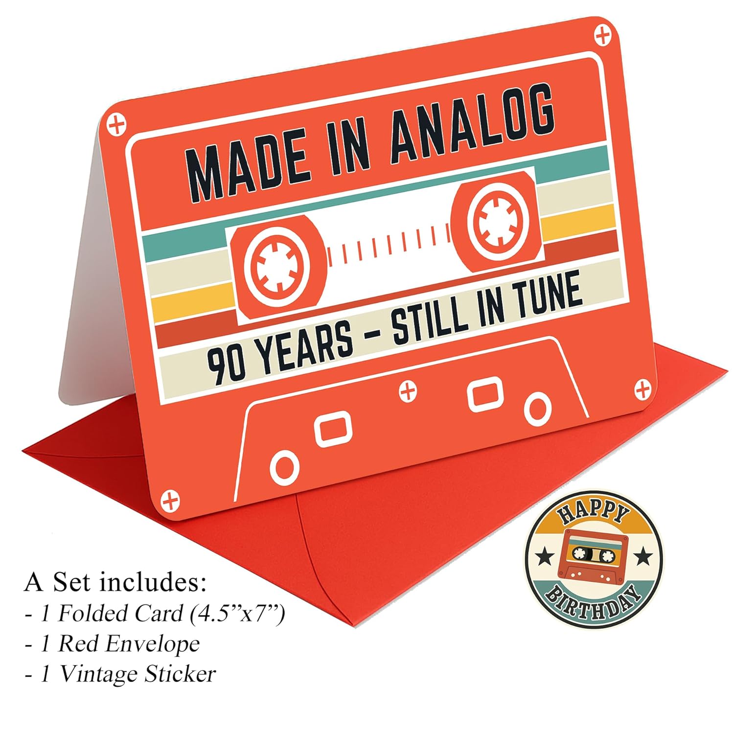 90Th Birthday Card – Retro Cassette Tape Design – Made In Analog, Still In Tune – 90 Year Old Gifts For Him Or Her – Folded Card 4.5X7Inch With Red Envelope, Sticker - Sweet Decorations For Him, Her