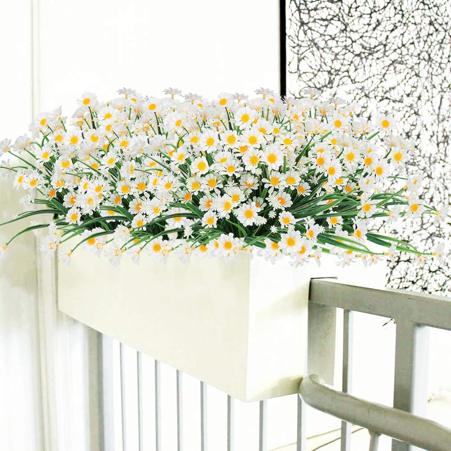 8 Bundles Artificial Daisies Flowers Outdoor Uv Resistant Fake Foliage Greenery Faux Plants Shrubs Plastic Bushes For Window Box Hanging Planter Farmhouse Indoor Outside Decor(White)
