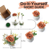 Diy Small Artificial Flowers Potted Kit Fake Flower Realistic Silk Rose And Greenery With Vase For Gifts Table Centerpiece Mantle Office Desk Shelves Living Room Decorations (Orange)
