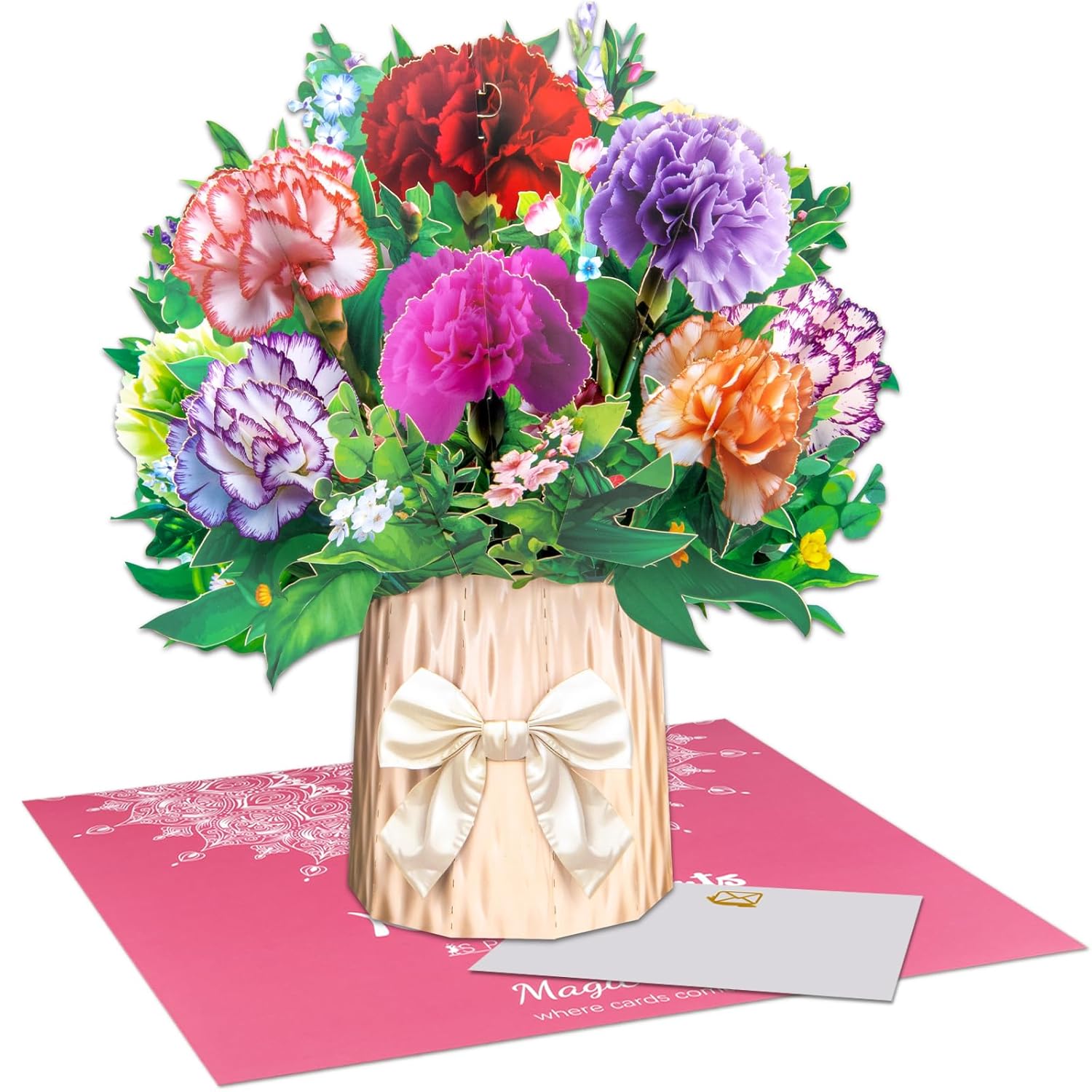 3D Pop-Up Card With Colorful Carnation Bouquet - Papar Crafted Flower Card - Elegant Greeting Card For Mother’S Day, Birthdays, Anniversaries, Weddings, Or Thank You – Includes Envelopes & Note Card