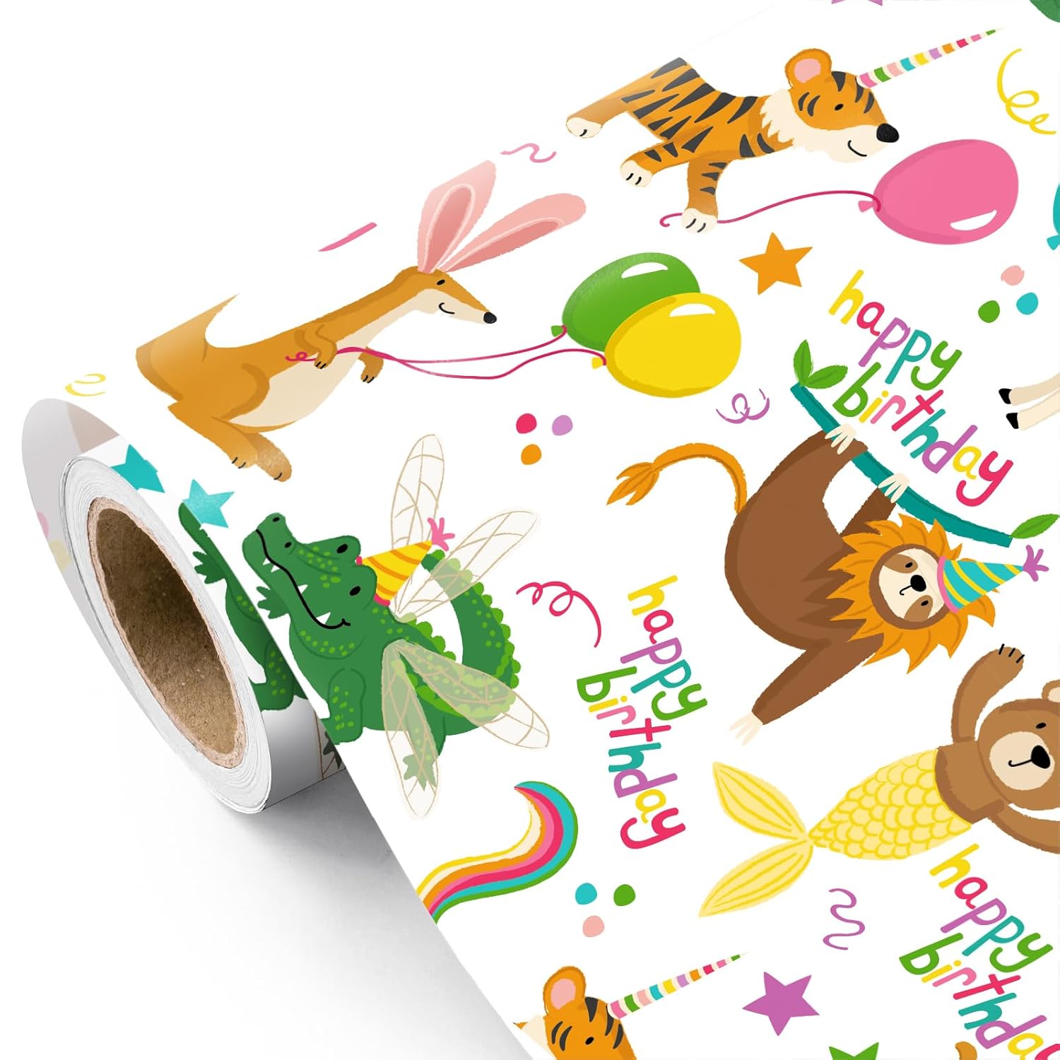 Kids Birthday Wrapping Paper Roll - Mini Roll - 17 Inch X 16.5 Feet - Cute Birthday Party Animal Wrapping Paper For Kids Boys Girls, Baby Shower, School Celebration