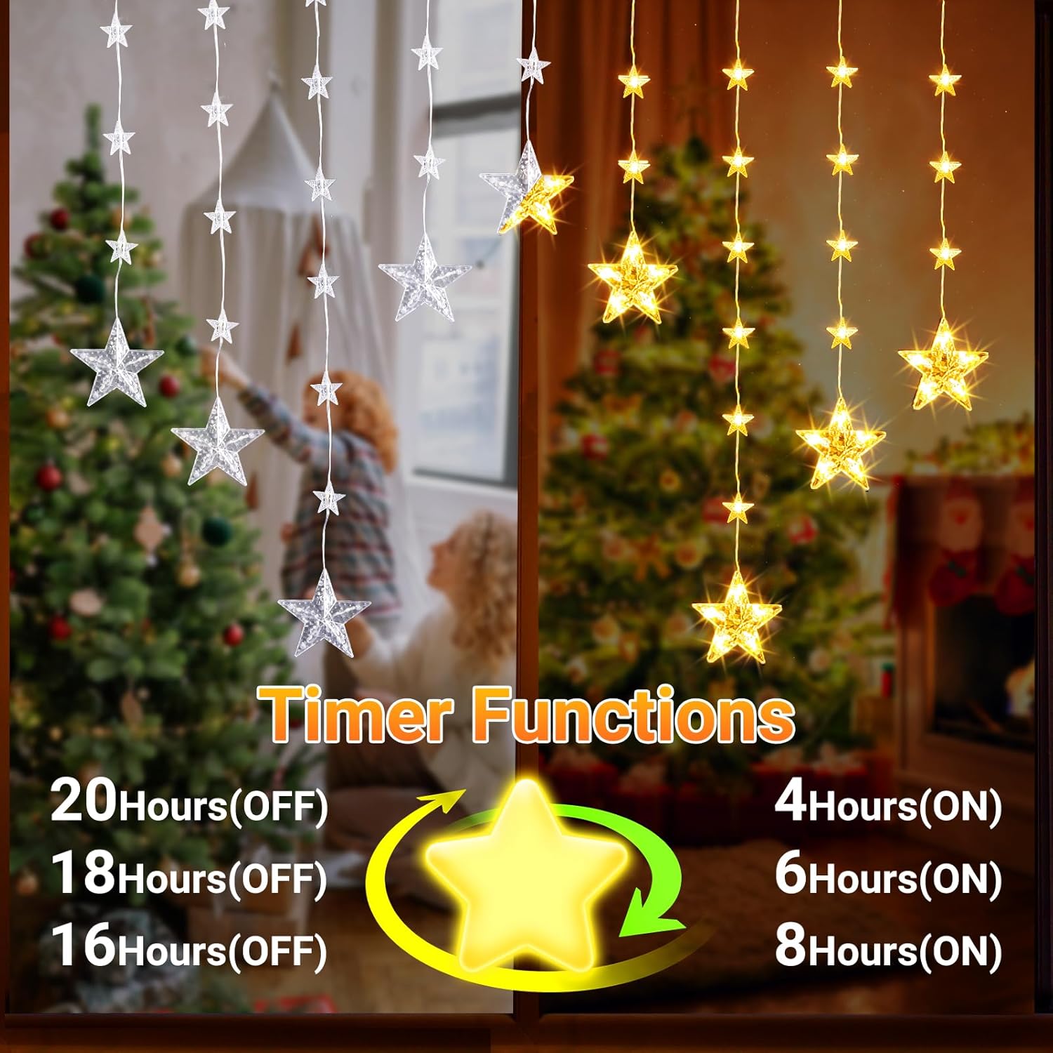 Rechargeable Christmas Star Window Lights, Ip65 Waterproof 76 Leds Star Curtain Lights With 12 Modes 3 Timer Modes, Warm