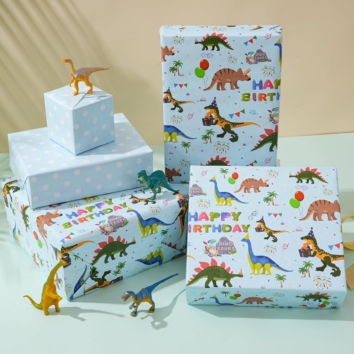 Dinosaur Reversible Wrapping Paper Roll - Boys & Girls Birthday Gift Wrapping Paper - 17 Inch X 33 Feet - Great For Baby Shower, Kids Party - Blue Dinosaur Design With White Polka Dots Back