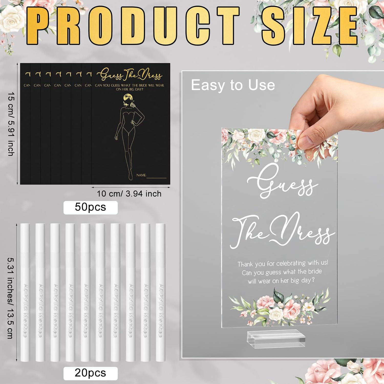 Guess The Dress Bridal Shower Game Acrylic Sign Fun Table Sign 50 Guessing Cards 20 White Acrylic Pens For Guests Wedding Party (Floral)