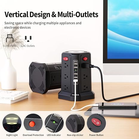 Tower Surge Protector Power Strip 12 Outlets 5 USB Ports Night Light 10FT Extension Cord Black