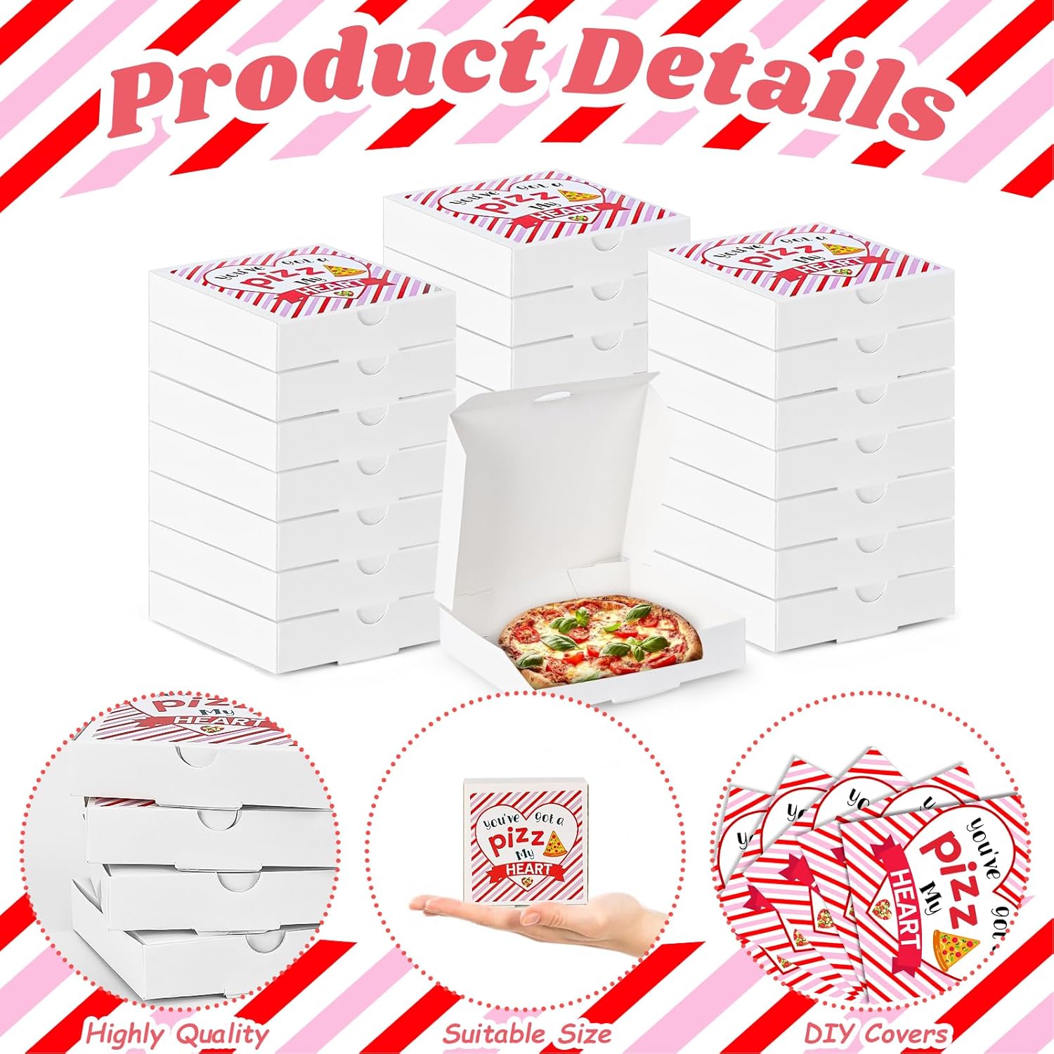 50 Pcs Valentines Day Mini Pizza Boxes Bulk 3.5 * 3.5 * 0.8 Inch White Pizza Boxes With Stickers For Christmas Party Favors Diy