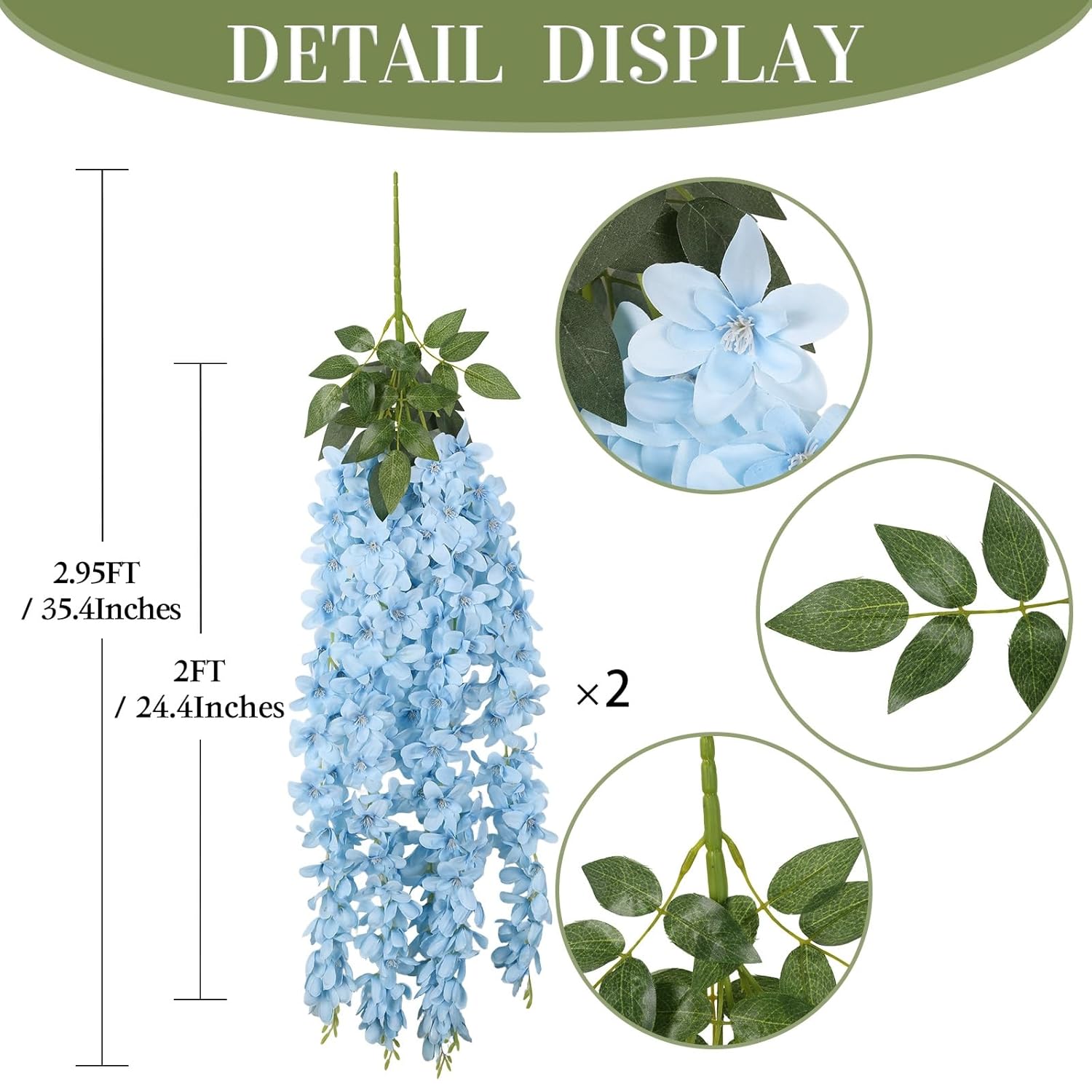 2Pcs Artificial Blue Hanging Wisteria Flowers, 2.95Ft Wisteria Garland With 5 Branches Realistic Silk Hanging Flowers For Decoration, Wedding Arch, Party Backdrop, And Home Wall Decor