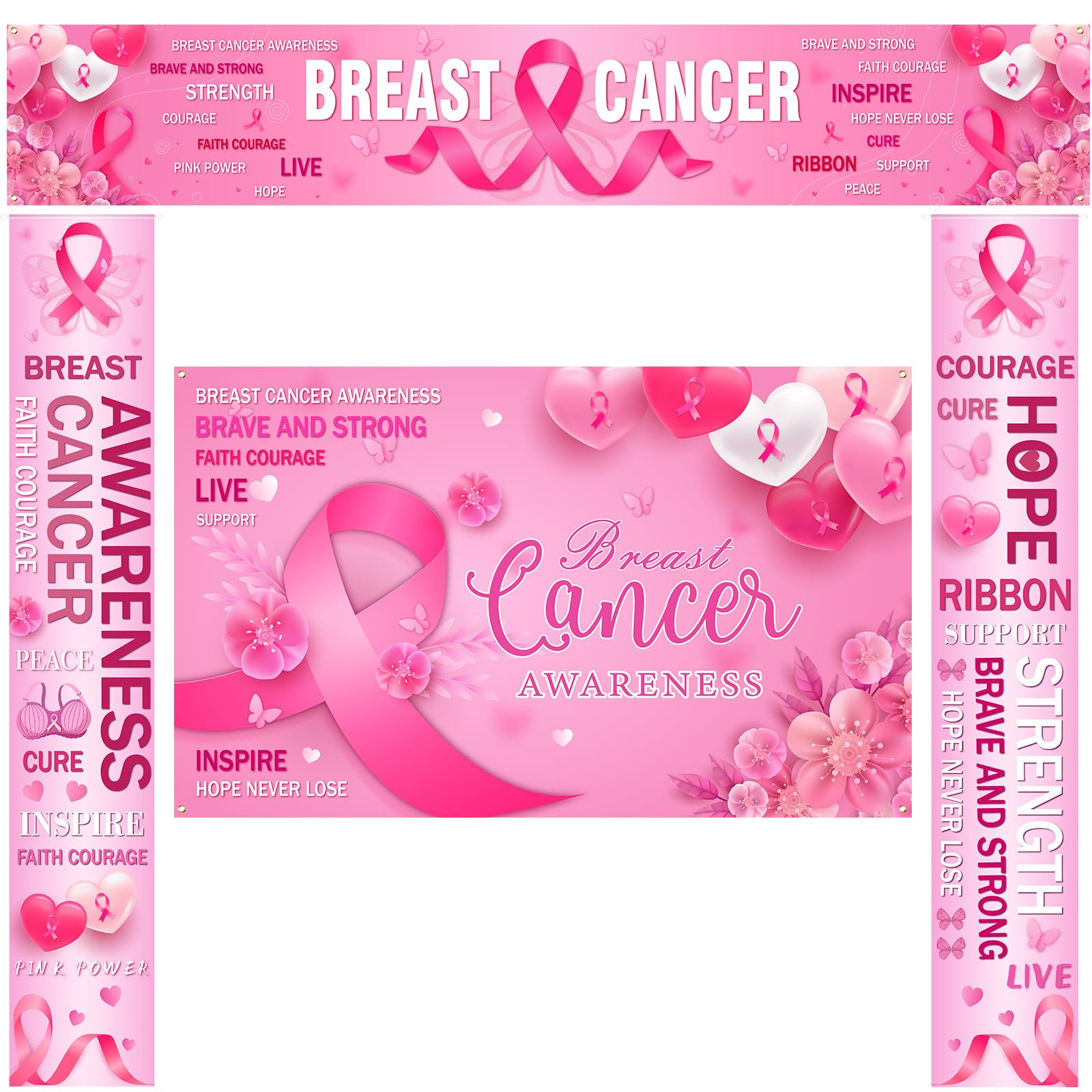 4 Pcs Breast Cancer Awareness Banner Decorations, Pink Ribbon