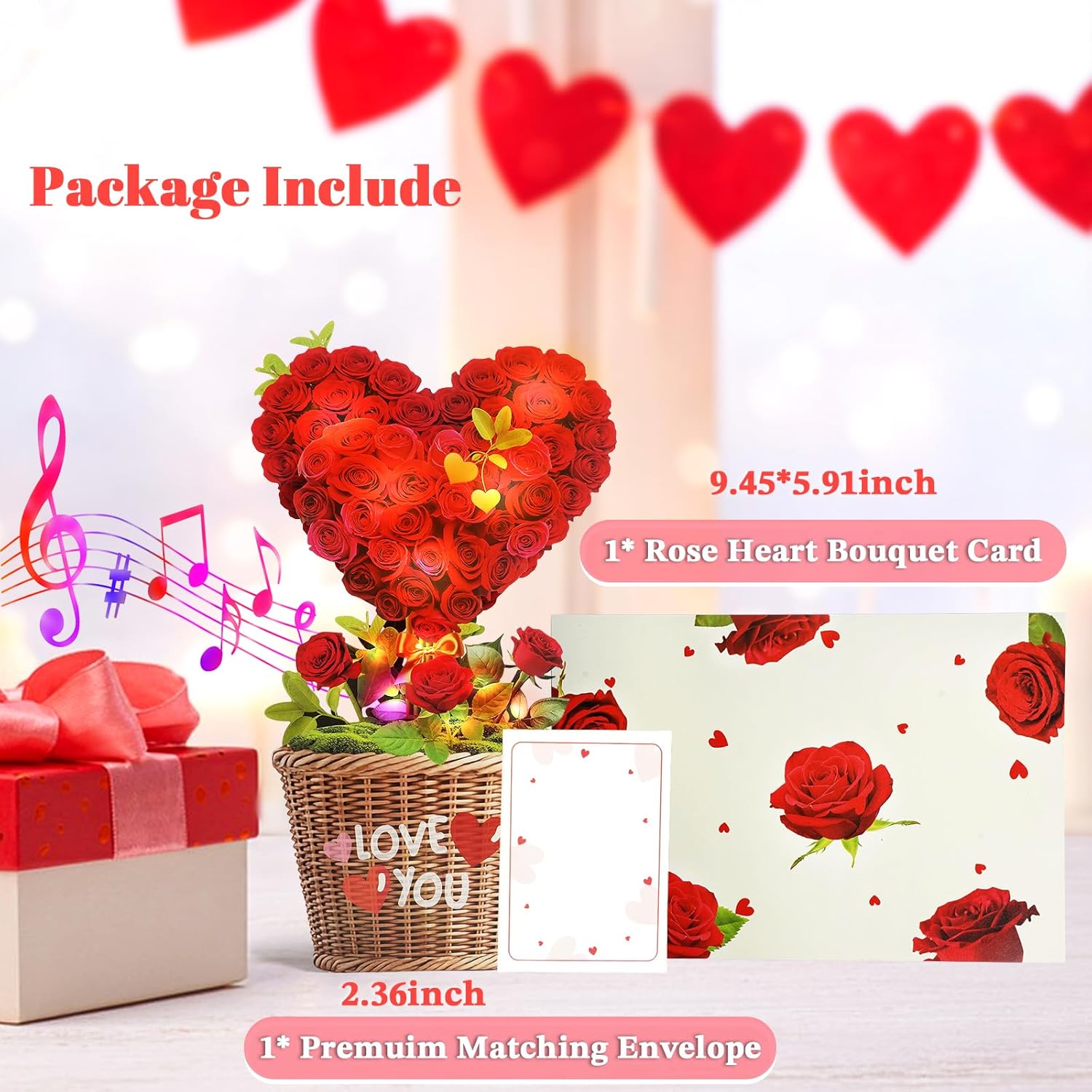 Valentines Day Cards With Music & Lights, 3D Pop Up Love Tree Hearts Birthday Card & Anniversary Card, 10 Inch Life Sized Forever Bouquet Wedding Valentines Gifts For Her Women Wife Mom