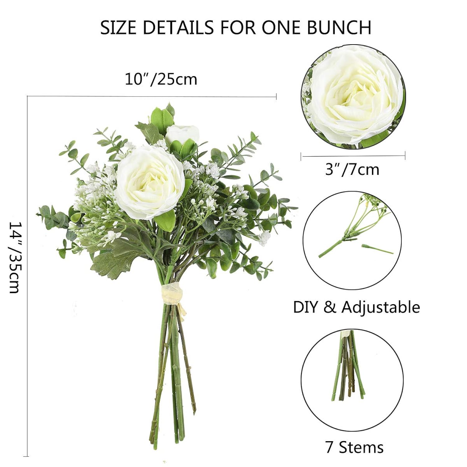 Artificial Flowers 2 Pack White Artificial Roses With Stems Baby Breath For Diy Bouquets Wedding Centerpieces Party Table Decoration Home