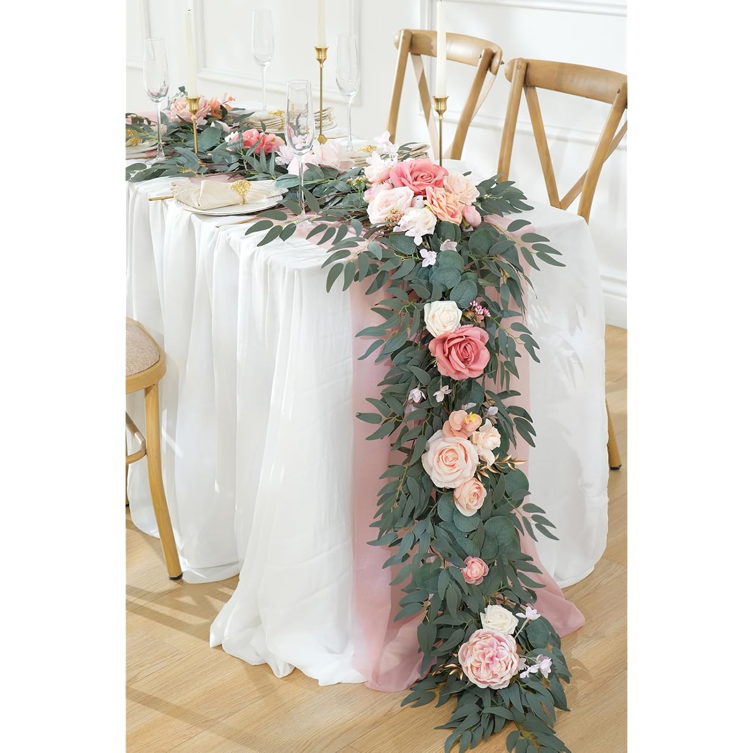 Spring Artificial Flower 7Ft Garland, Wedding Arch Backdrop Floral Arrangement For Sweetheart Head Table Reception Decor Runner (Dusty Pink)