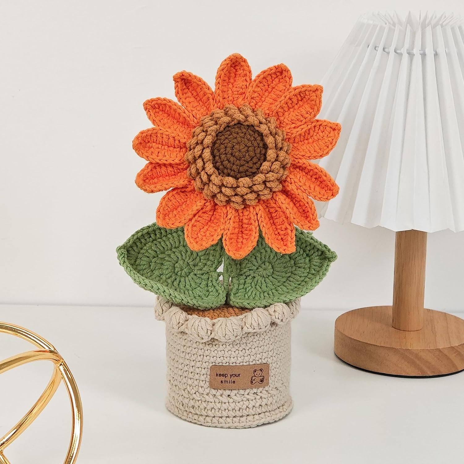 Handmade Crochet Sunflower In Flowerpot, Artificial Knitted Flower Decoration, Orange And Green, Home Office Desk Decor Gifts For Ladies Holiday, Car Dashboard Decorations, Handwoven Flowers