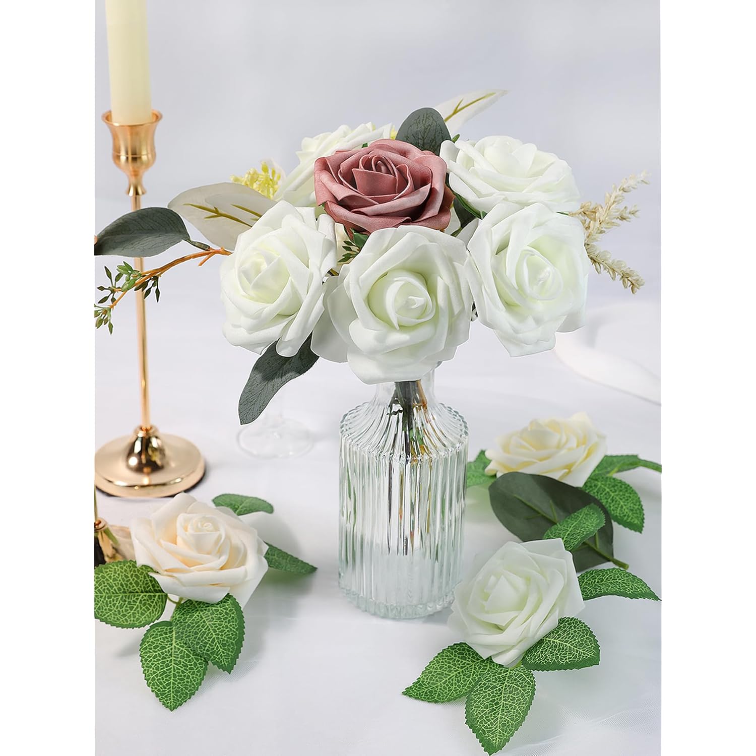 Artificial Flower 25Pcs Real Looking Ivory White Fake Foam Roses With Stems For Diy Wedding Bouquets Gifts Bridal Shower Faux Floral Centerpieces Arrangements Home Party Tables Decorations