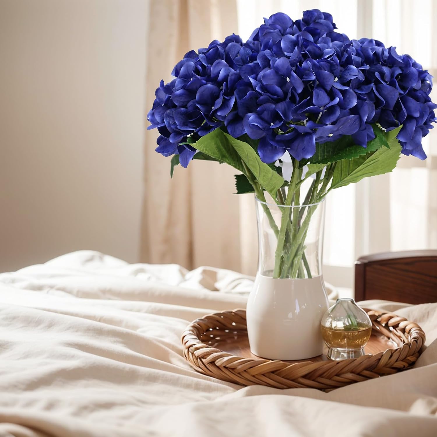 6 Pcs Blue Hydrangea Artificial Flowers Bouquets, Silk Hydrangea Heads With Thick Stems, Faux Hydrangeas Bulk Home Wedding Party Table Decoration