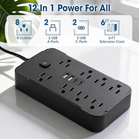 2 Pack Surge Protector Power Strip 8 Outlets 4 USB Ports 2 USB C 6FT Flat Plug Extension Cord