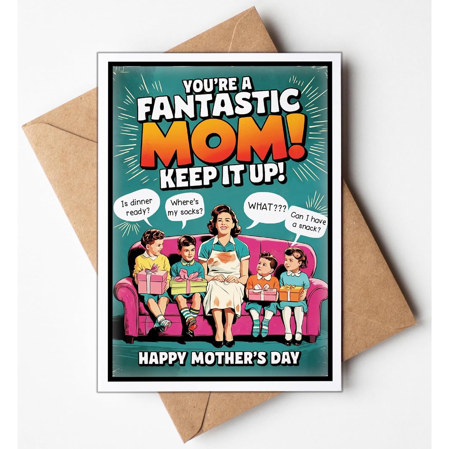 - Funny Mothers Day Card From Us, (Handmade In Usa), Funny Mothers Day Cards For Mom From Kids, Boutique Style, Retro Mid-Century Design, Premium Cardstock 5X7, Personalize (Blank Inside)