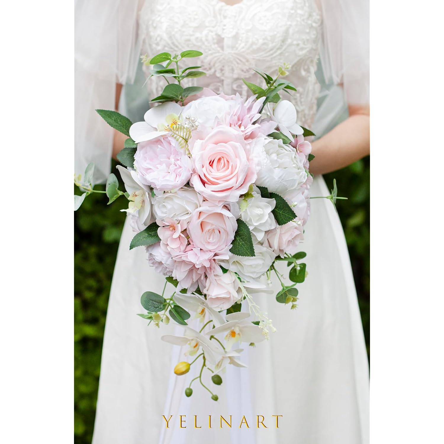 10 Inch Blush Wedding Bouquets For Bride Artificial Roses Flower Cascading Cascade Bridal Bouquet For Rustic Boho Fall Vintage Wedding Ceremony Party And Anniversary