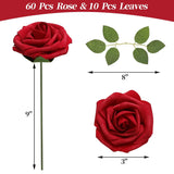 60Pcs Artificial Roses Flowers With Stem And 10Pcs Green Leaves Real Looking Fake Roses Artificial Foam Roses Decoration Diy For Wedding,Arrangements Party Home Decorations