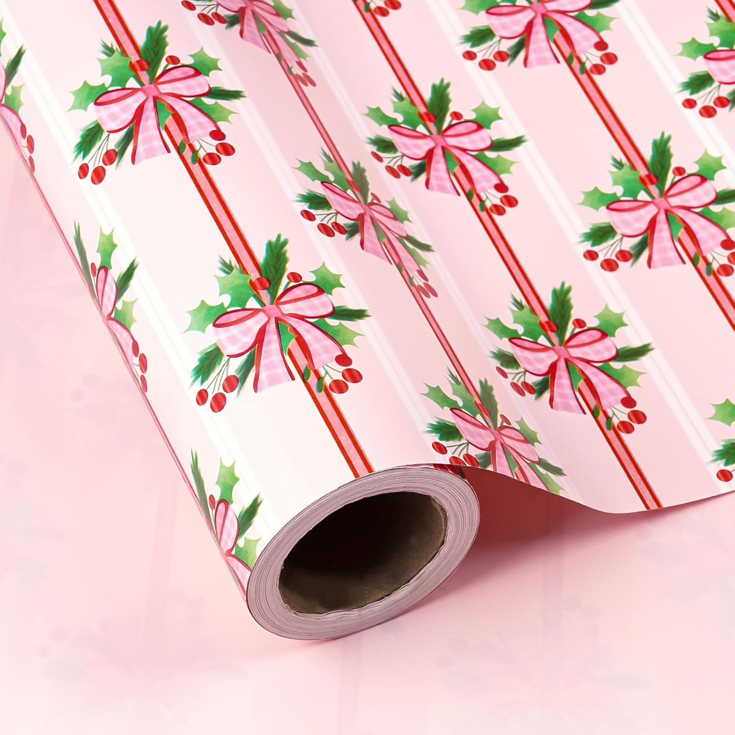 Reversible Christmas Wrapping Paper - Mini Roll - 17 Inch X 33 Feet - Holly And Red Bow Wrapping Paper With Solid Pink Design For Xmas Holiday, Party Celebration
