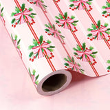 Reversible Christmas Wrapping Paper - Mini Roll - 17 Inch X 33 Feet - Holly And Red Bow Wrapping Paper With Solid Pink Design For Xmas Holiday, Party Celebration