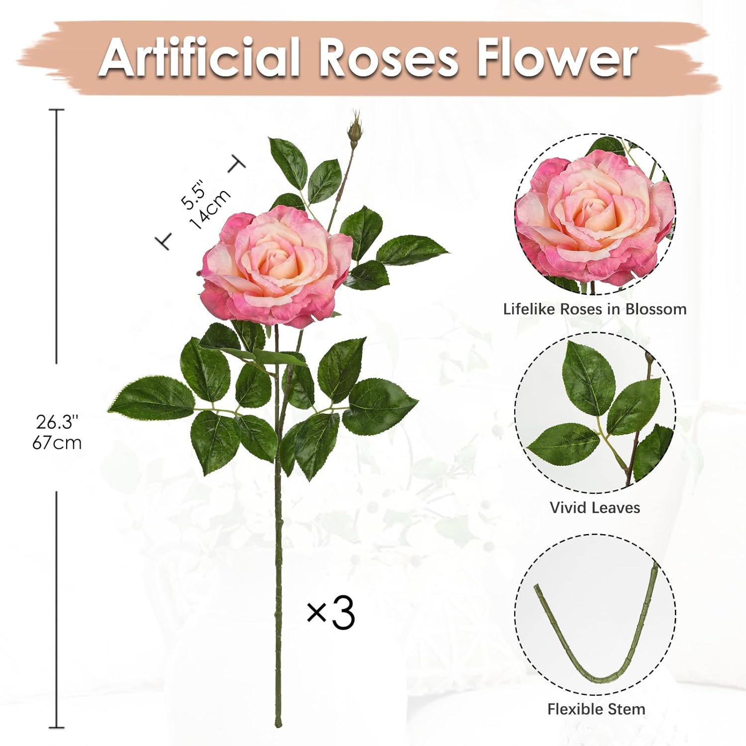 3Pcs Light Pink Roses Artificial Flowers Bouquets 26.3" Fake Flower Arrangements Silk Flowers Rose With Long Stem Floral Branch Faux Roses Flowers For Diy Table Centerpieces Home Decor