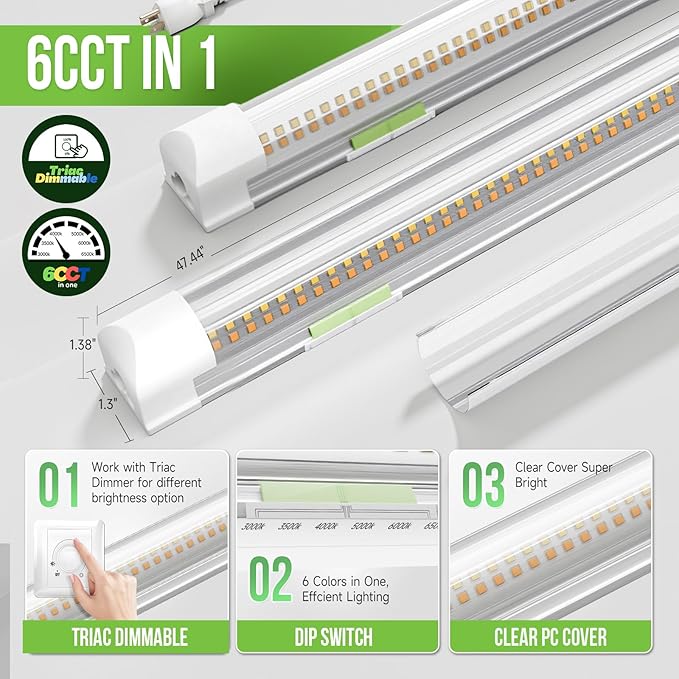 6 Pack Dimmable 4FT LED Shop Lights 30W 4500LM Tunable 3000K 6500K Linkable T8 Fixtures