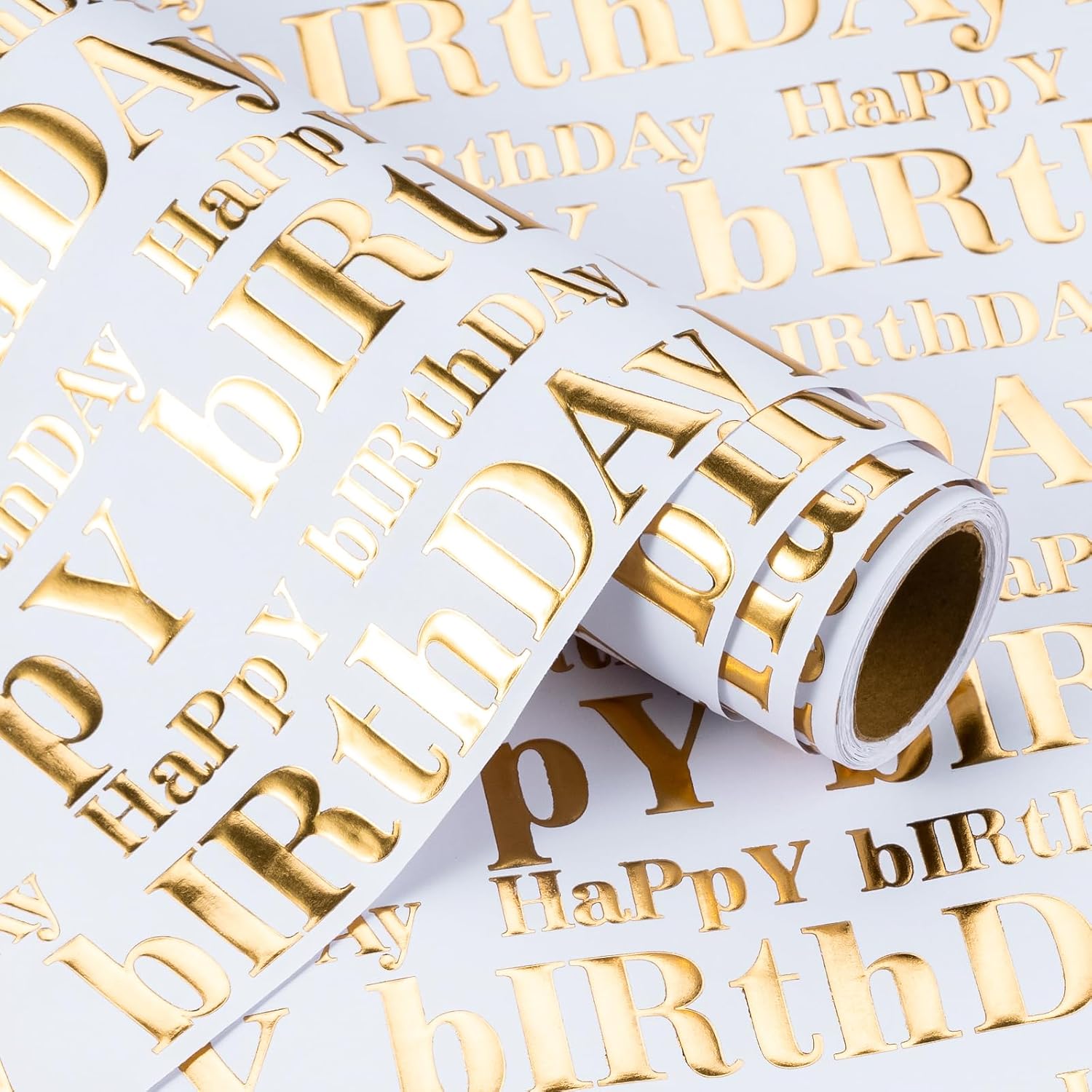 3D Kraft Birthday Wrapping Paper Roll - Mini Roll - 17 Inch X 16.5 Feet - Gold And White Happy Birthday Lettering Design With Embossed Perfect For Holiday, Party Celebration