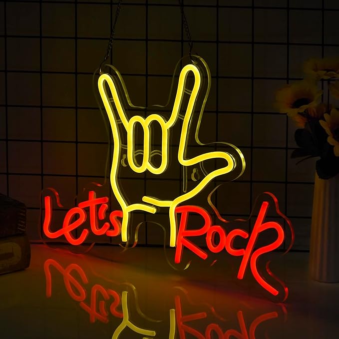Let’s Rock Hand Neon Sign LED Dimmable USB Wall Light for Bar Man Cave Garage Decor