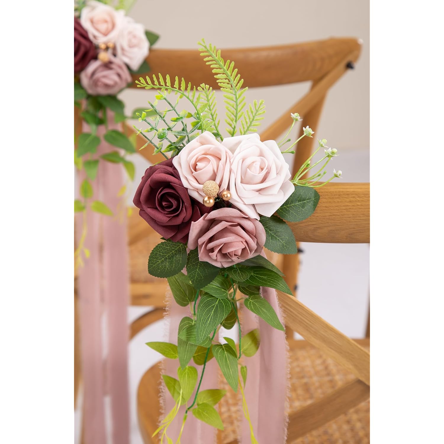 Wedding Aisle Decorations Mauve Pew Flowers Set Of 10 For Wedding Ceremony Party Chair Decor With Artificial Flowers Eucalyptus And Ribbons