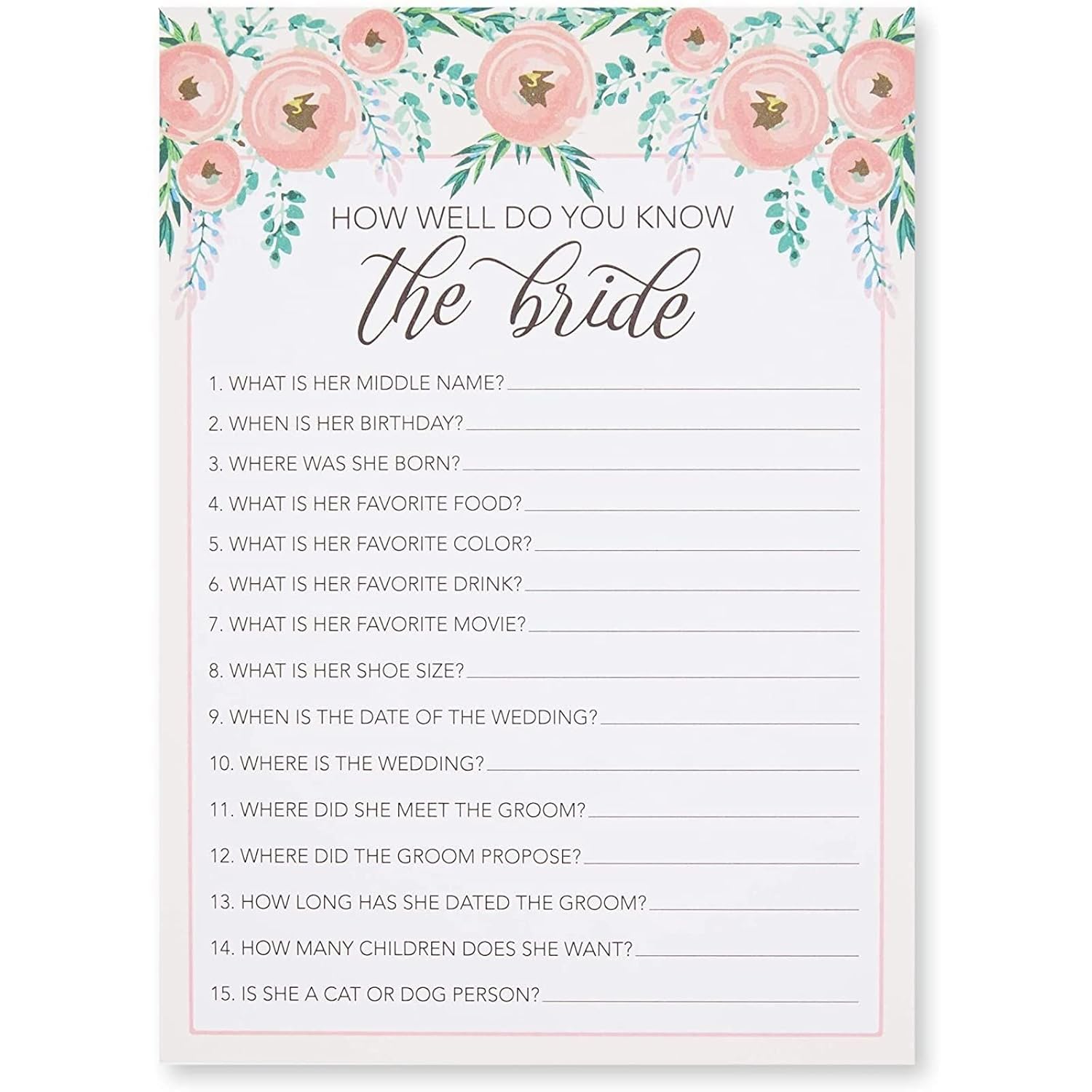 Bridal Shower Games Set - 5X7-Inch Floral Cardstock, 5 Games, 250 Cards For Bridal Shower Party Favors, Wedding Advice Cards & Engagement Party Entertainment