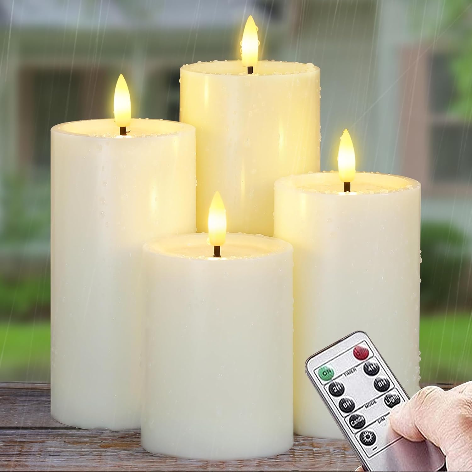 Outdoor 4Pcs Flameless Waterproof Candles With Handy Remote Control, Cycle Timer Battery Operated Candle Grease Effect Led Flickering Pillar Plastic Long Lasting (Ivory, 3" X4" 5" 6" 7")